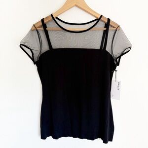 NWT Bailey 44 Black Sheer Knit Short Sleeve Fitted Top Stretch Minimal Chic L